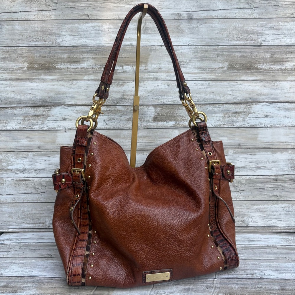 Brahmin Hobo Bag Brown Leather Croc Embossed Leopard Studded Y2K Mob Wife Chunky
